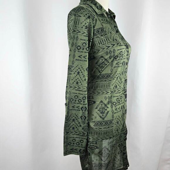 Women's Green Aztec Print Long Sleeve Button Front Shirt Dress Size Small - Picture 5 of 13
